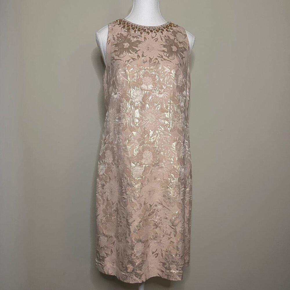 MAGGY LONDON - Metallic Floral Sheath Dress w/ Beaded Neckline – Size 8